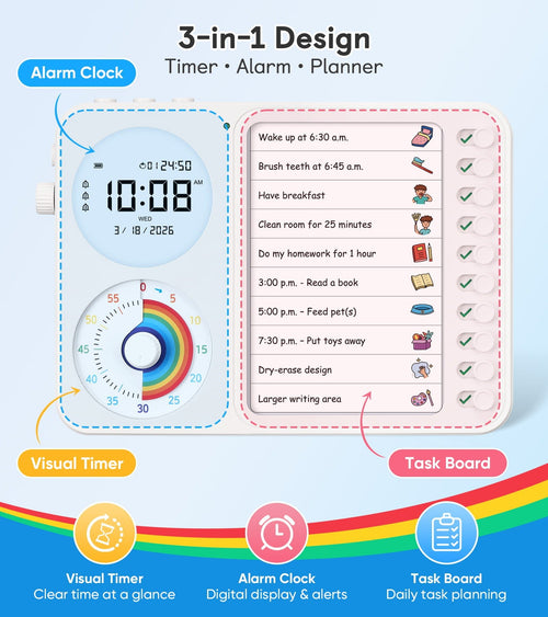 3 - in - 1 Visual Timer, Timer + Clock + Chore Board, ADHD tools - Nikafly